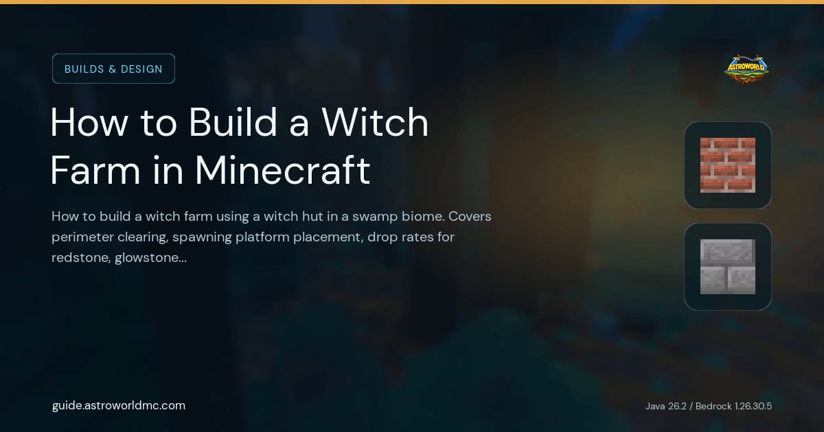 How to Build a Witch Farm in Minecraft: How to build a witch farm using a witch hut in a swamp biome. Covers perimeter clearing, spawning platform placement, drop rates for redstone, glowstone, and more.
