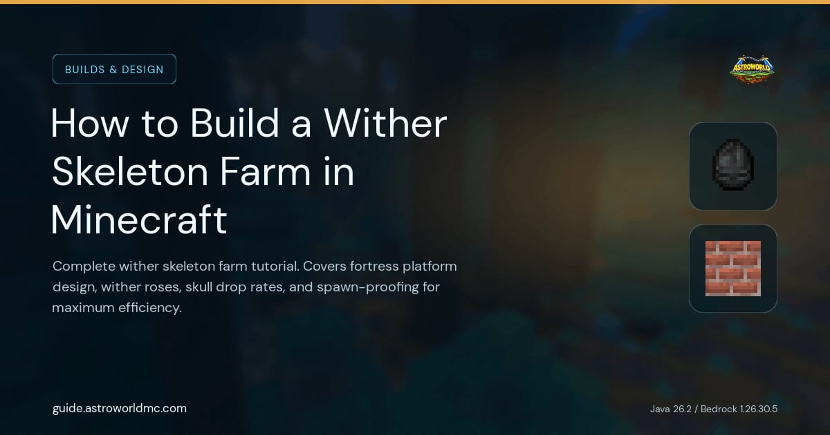 How to Build a Wither Skeleton Farm in Minecraft: Complete wither skeleton farm tutorial. Covers fortress platform design, wither roses, skull drop rates, and spawn-proofing for maximum efficiency.