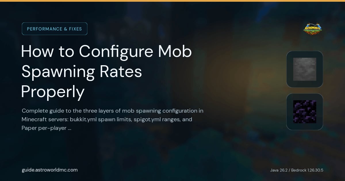 How to Configure Mob Spawning Rates Properly: Complete guide to the three layers of mob spawning configuration in Minecraft servers: bukkit.yml spawn limits, spigot.yml ranges, and Paper per-player mob spawns.