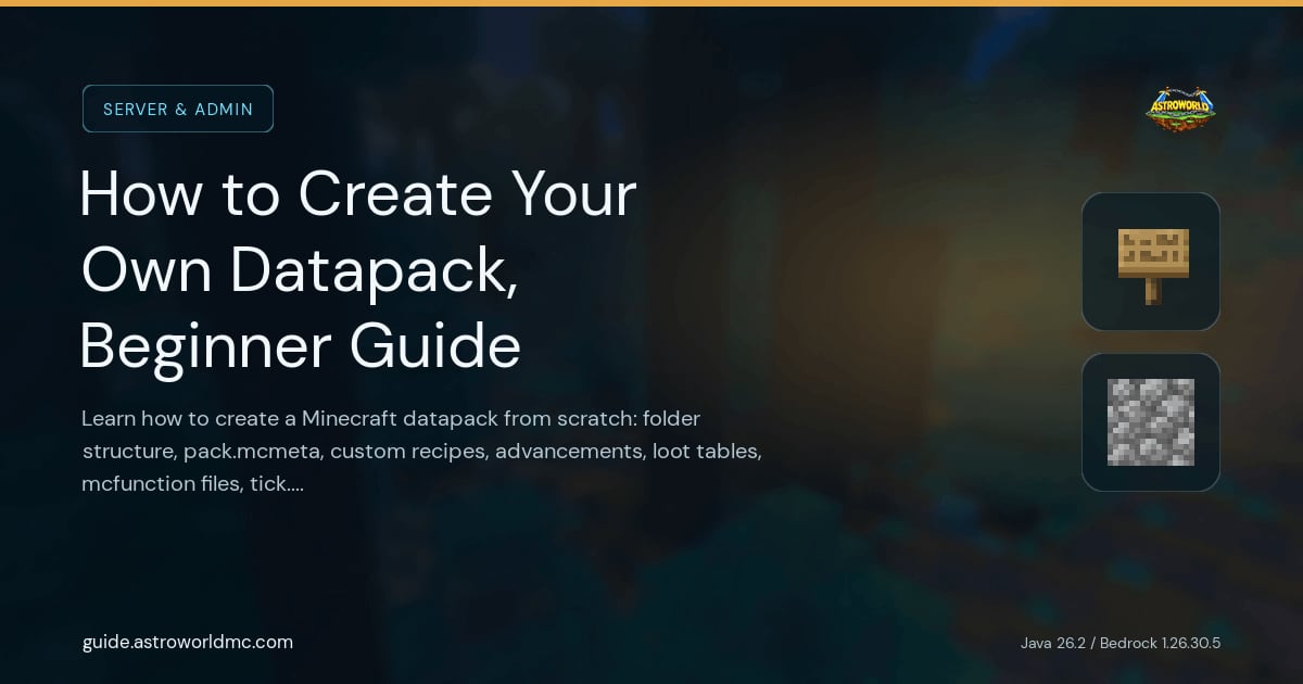 How to Create Your Own Datapack, Beginner Guide: Learn how to create a Minecraft datapack from scratch: folder structure, pack.mcmeta, custom recipes, advancements, loot tables, mcfunction files, tick.json, load.json, and debugging.