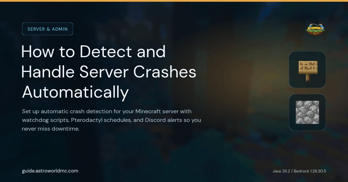 How to Detect and Handle Server Crashes Automatically: Set up automatic crash detection for your Minecraft server with watchdog scripts, Pterodactyl schedules, and Discord alerts so you never miss downtime.