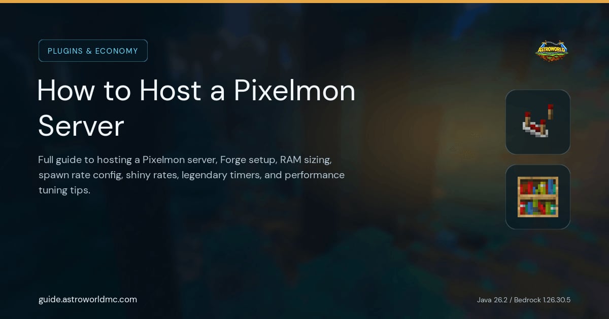 How to Host a Pixelmon Server: Full guide to hosting a Pixelmon server, Forge setup, RAM sizing, spawn rate config, shiny rates, legendary timers, and performance tuning tips.