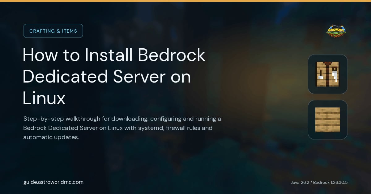 How to Install Bedrock Dedicated Server on Linux: Step-by-step walkthrough for downloading, configuring and running a Bedrock Dedicated Server on Linux with systemd, firewall rules and automatic updates.