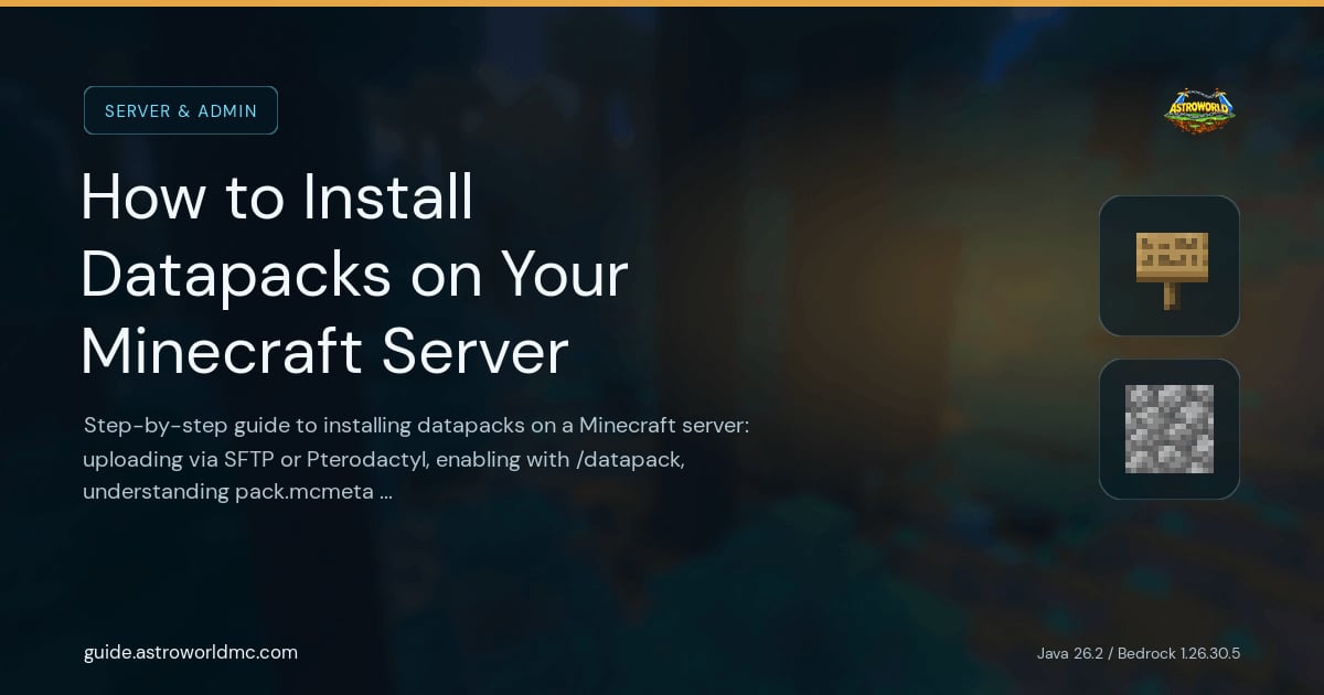 How to Install Datapacks on Your Minecraft Server: Step-by-step guide to installing datapacks on a Minecraft server: uploading via SFTP or Pterodactyl, enabling with /datapack, understanding pack.mcmeta versions, and reloading without restarts.
