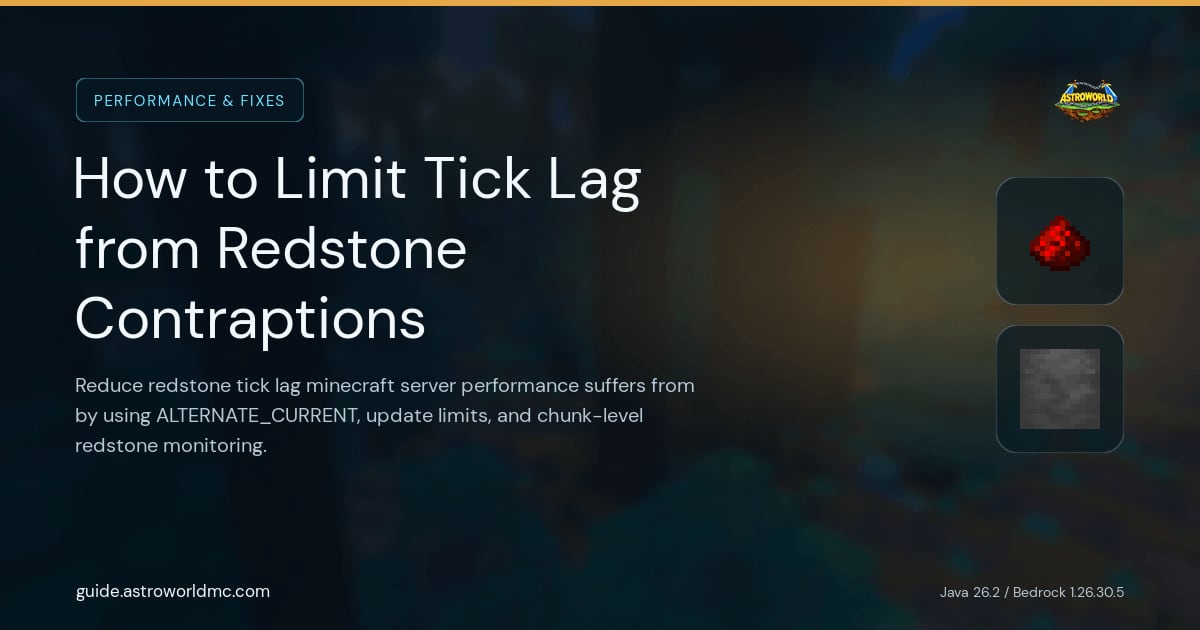 How to Limit Tick Lag from Redstone Contraptions: Reduce redstone tick lag minecraft server performance suffers from by using ALTERNATE_CURRENT, update limits, and chunk-level redstone monitoring.