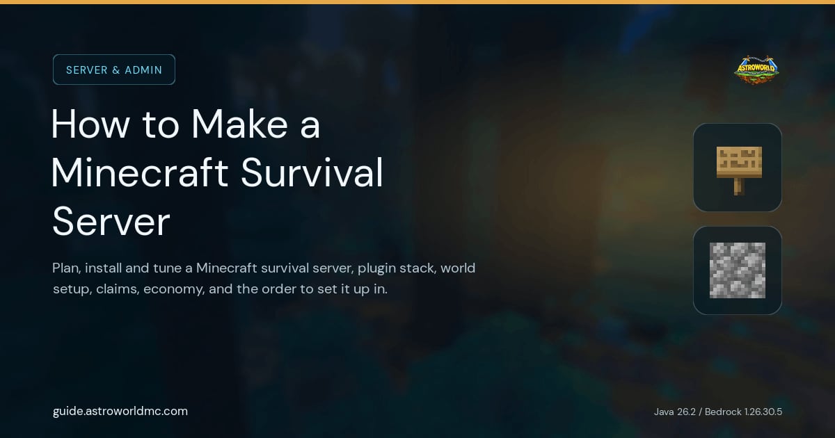 How to Make a Minecraft Survival Server: Plan, install and tune a Minecraft survival server, plugin stack, world setup, claims, economy, and the order to set it up in.