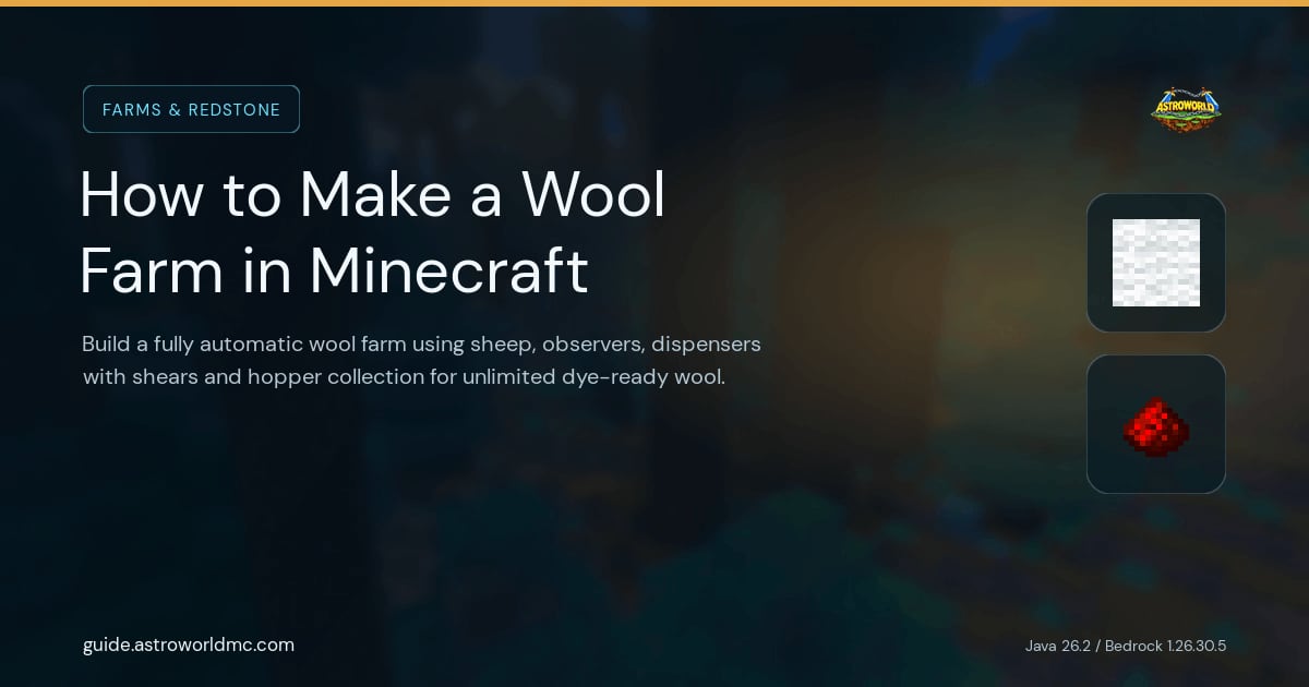 How to Make a Wool Farm in Minecraft: Build a fully automatic wool farm using sheep, observers, dispensers with shears and hopper collection for unlimited dye-ready wool.