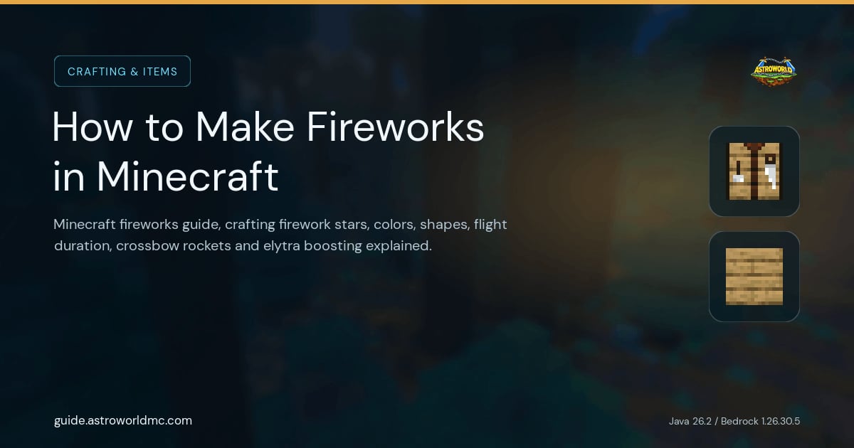 How to Make Fireworks in Minecraft: Minecraft fireworks guide, crafting firework stars, colors, shapes, flight duration, crossbow rockets and elytra boosting explained.