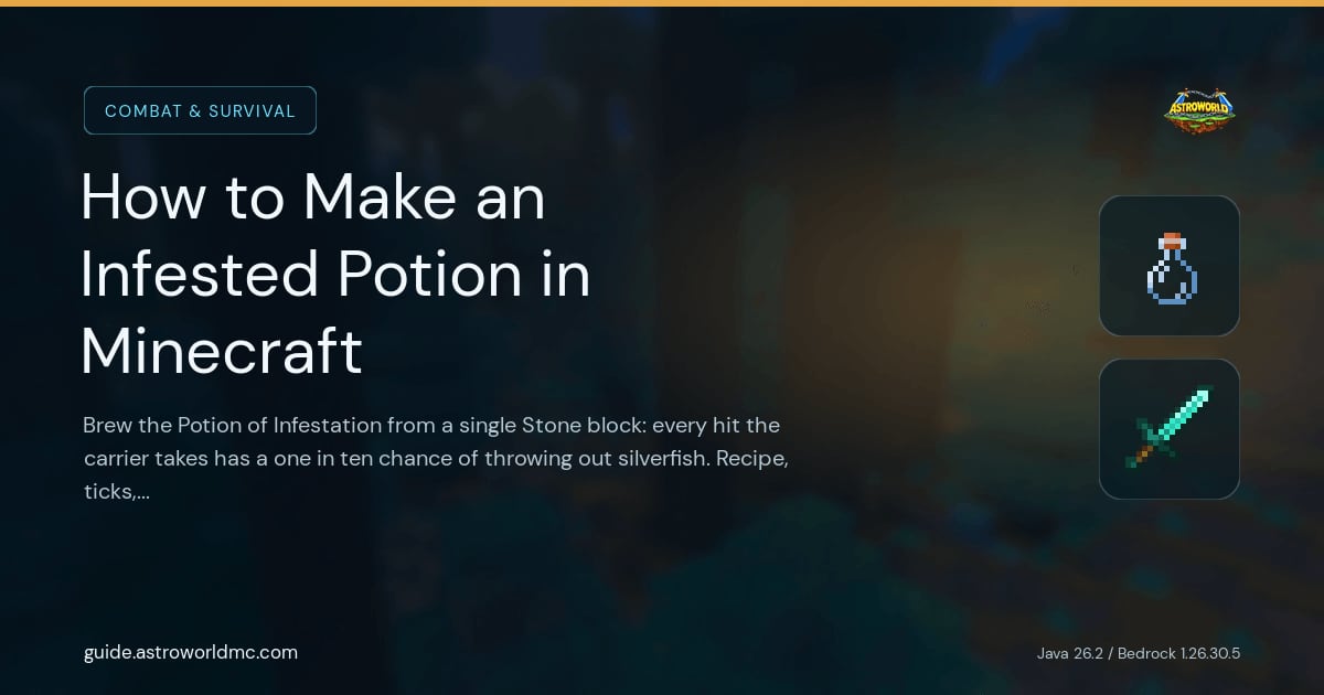 How to Make an Infested Potion in Minecraft: Brew the Potion of Infestation from a single Stone block: every hit the carrier takes has a one in ten chance of throwing out silverfish. Recipe, ticks, chance and spawn count.