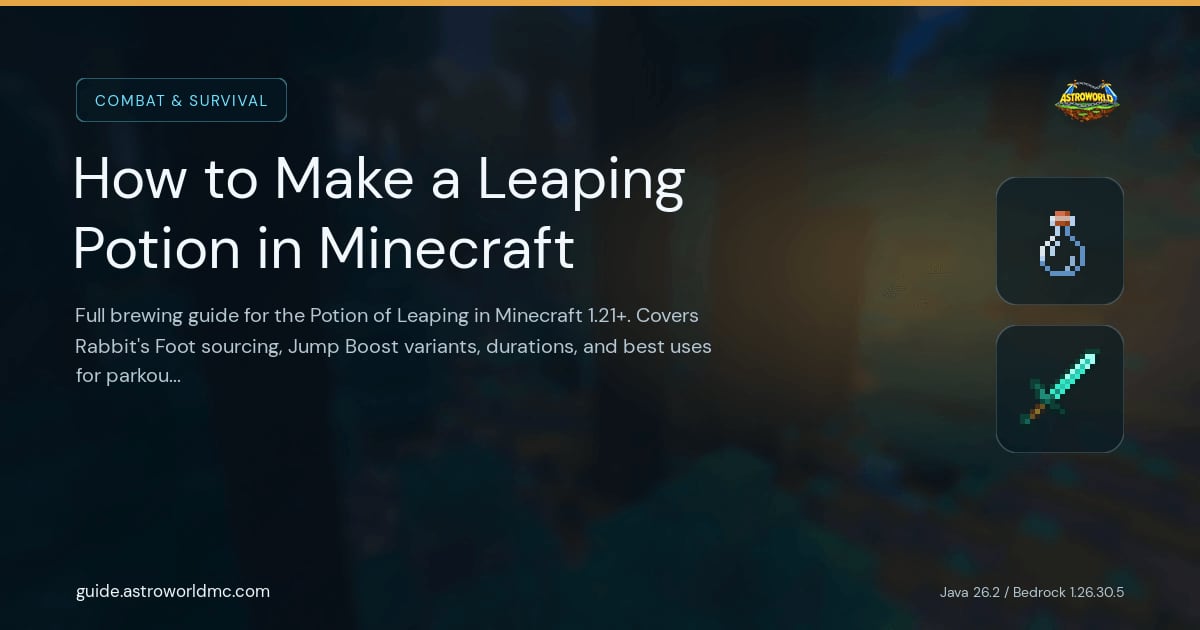How to Make a Leaping Potion in Minecraft: Full brewing guide for the Potion of Leaping in Minecraft 1.21+. Covers Rabbit's Foot sourcing, Jump Boost variants, durations, and best uses for parkour and exploration.