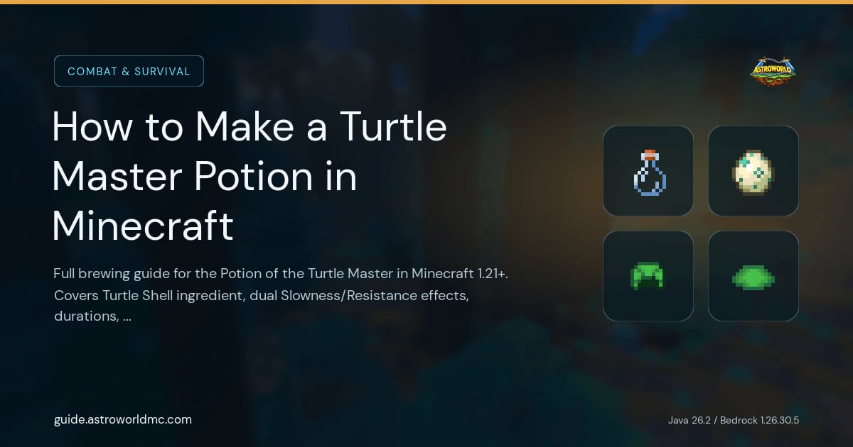How to Make a Turtle Master Potion in Minecraft: Full brewing guide for the Potion of the Turtle Master in Minecraft 1.21+. Covers Turtle Shell ingredient, dual Slowness/Resistance effects, durations, and defensive strategies.