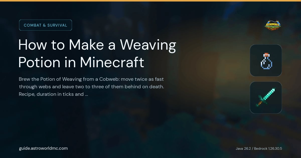 How to Make a Weaving Potion in Minecraft: Brew the Potion of Weaving from a Cobweb: move twice as fast through webs and leave two to three of them behind on death. Recipe, duration in ticks and the exact movement figures.