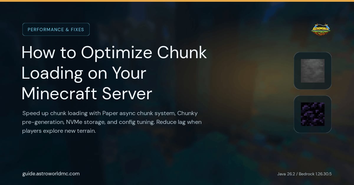 How to Optimize Chunk Loading on Your Minecraft Server: Speed up chunk loading with Paper async chunk system, Chunky pre-generation, NVMe storage, and config tuning. Reduce lag when players explore new terrain.