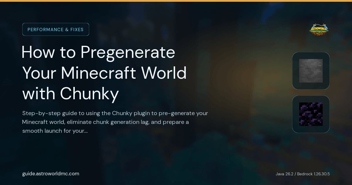 How to Pregenerate Your Minecraft World with Chunky: Step-by-step guide to using the Chunky plugin to pre-generate your Minecraft world, eliminate chunk generation lag, and prepare a smooth launch for your server.