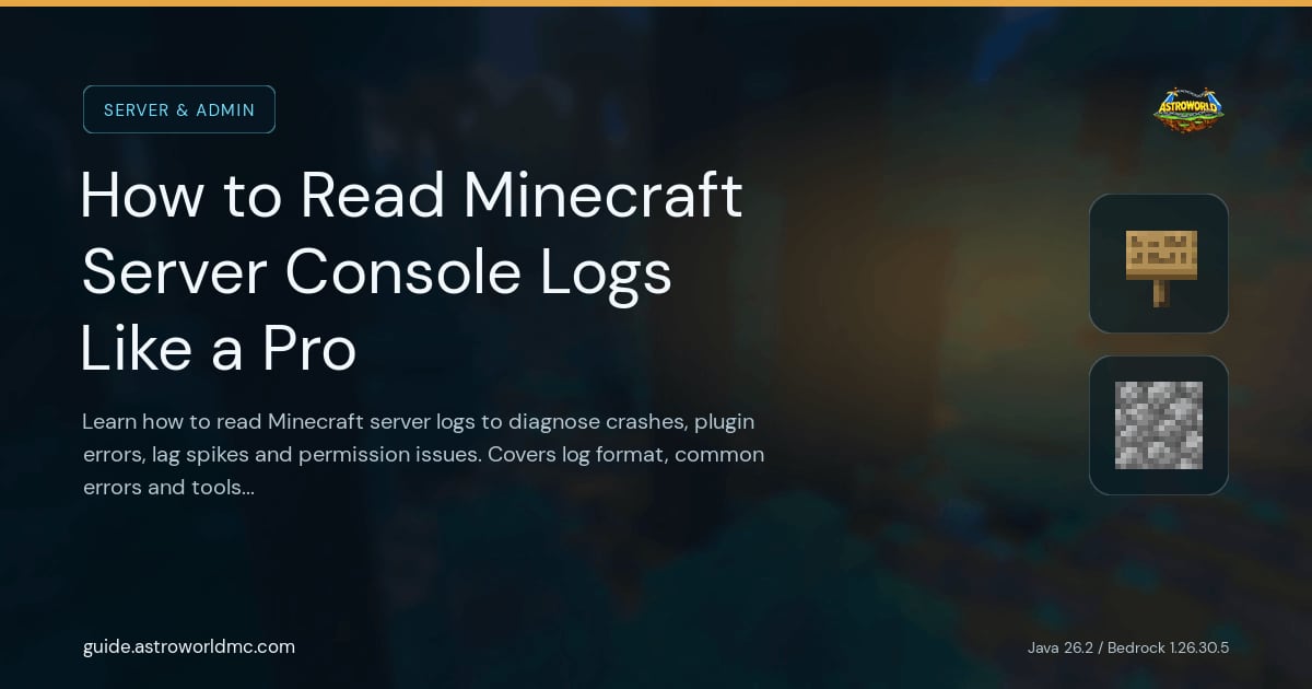 How to Read Minecraft Server Console Logs Like a Pro: Learn how to read Minecraft server logs to diagnose crashes, plugin errors, lag spikes and permission issues. Covers log format, common errors and tools for Paper servers.