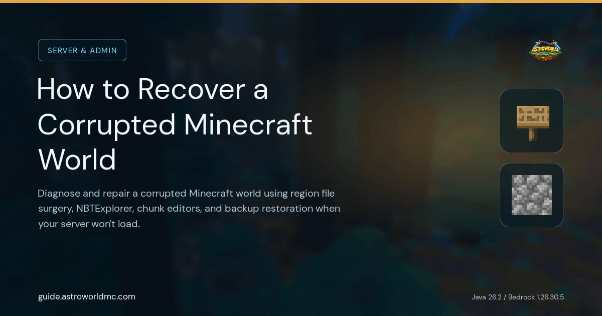 How to Recover a Corrupted Minecraft World: Diagnose and repair a corrupted Minecraft world using region file surgery, NBTExplorer, chunk editors, and backup restoration when your server won't load.