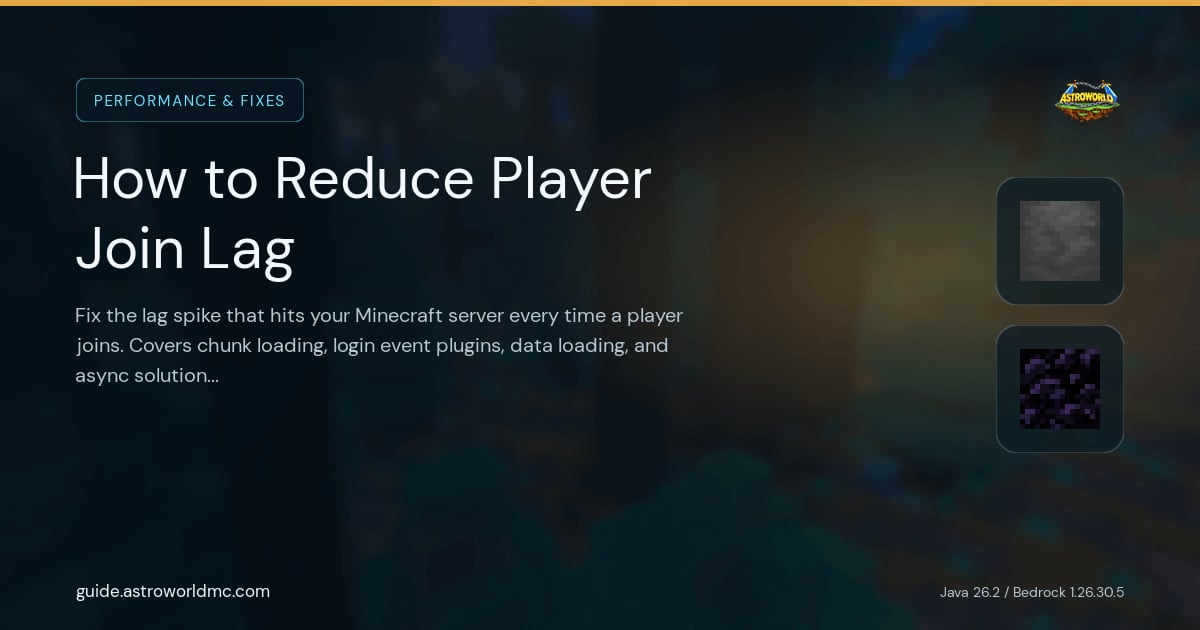 How to Reduce Player Join Lag: Fix the lag spike that hits your Minecraft server every time a player joins. Covers chunk loading, login event plugins, data loading, and async solutions to reduce player join lag minecraft.