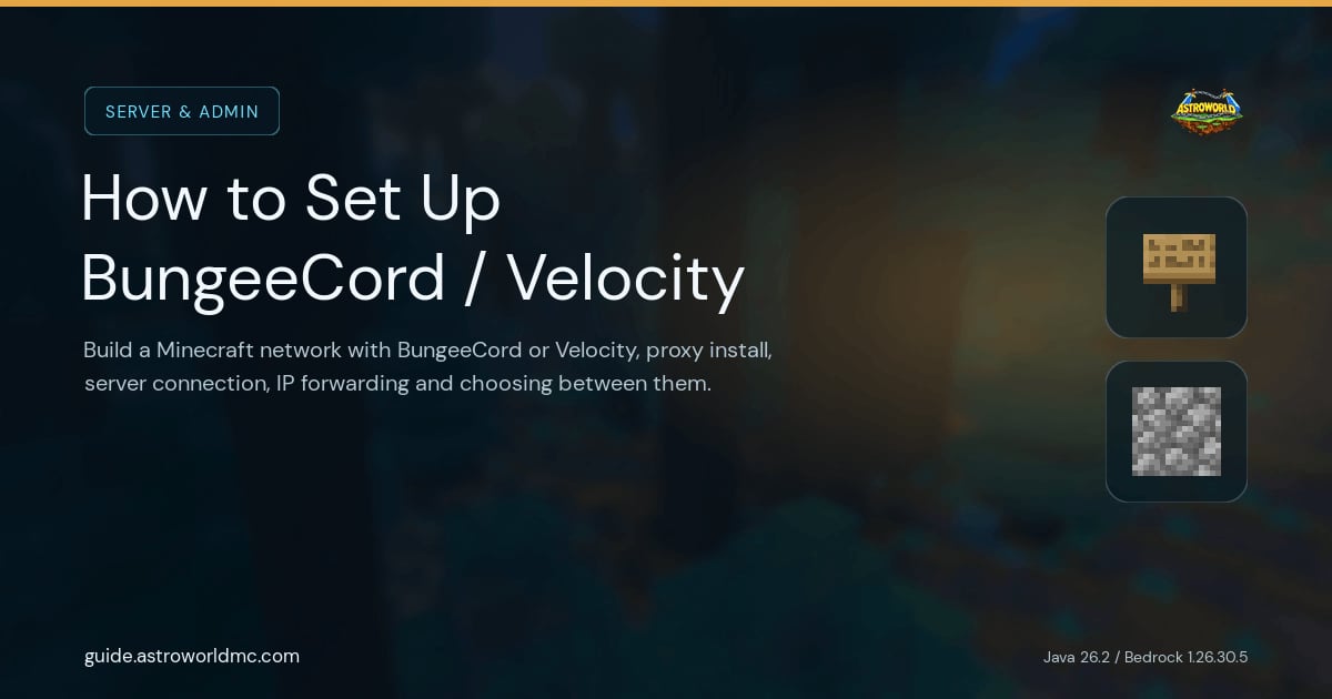 How to Set Up BungeeCord / Velocity: Build a Minecraft network with BungeeCord or Velocity, proxy install, server connection, IP forwarding and choosing between them.