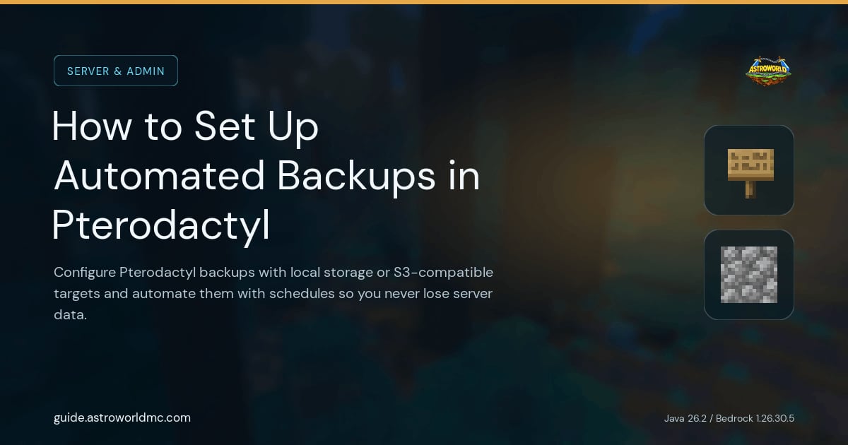 How to Set Up Automated Backups in Pterodactyl: Configure Pterodactyl backups with local storage or S3-compatible targets and automate them with schedules so you never lose server data.