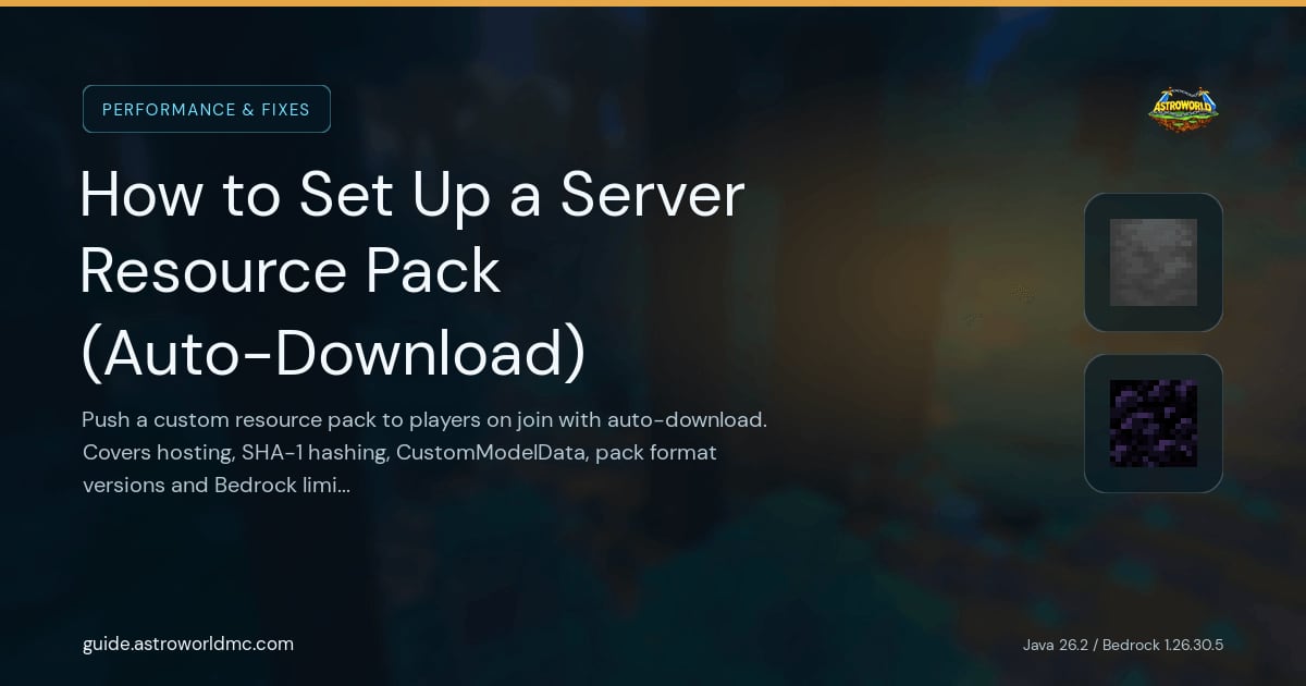How to Set Up a Server Resource Pack (Auto-Download): Push a custom resource pack to players on join with auto-download. Covers hosting, SHA-1 hashing, CustomModelData, pack format versions and Bedrock limitations.