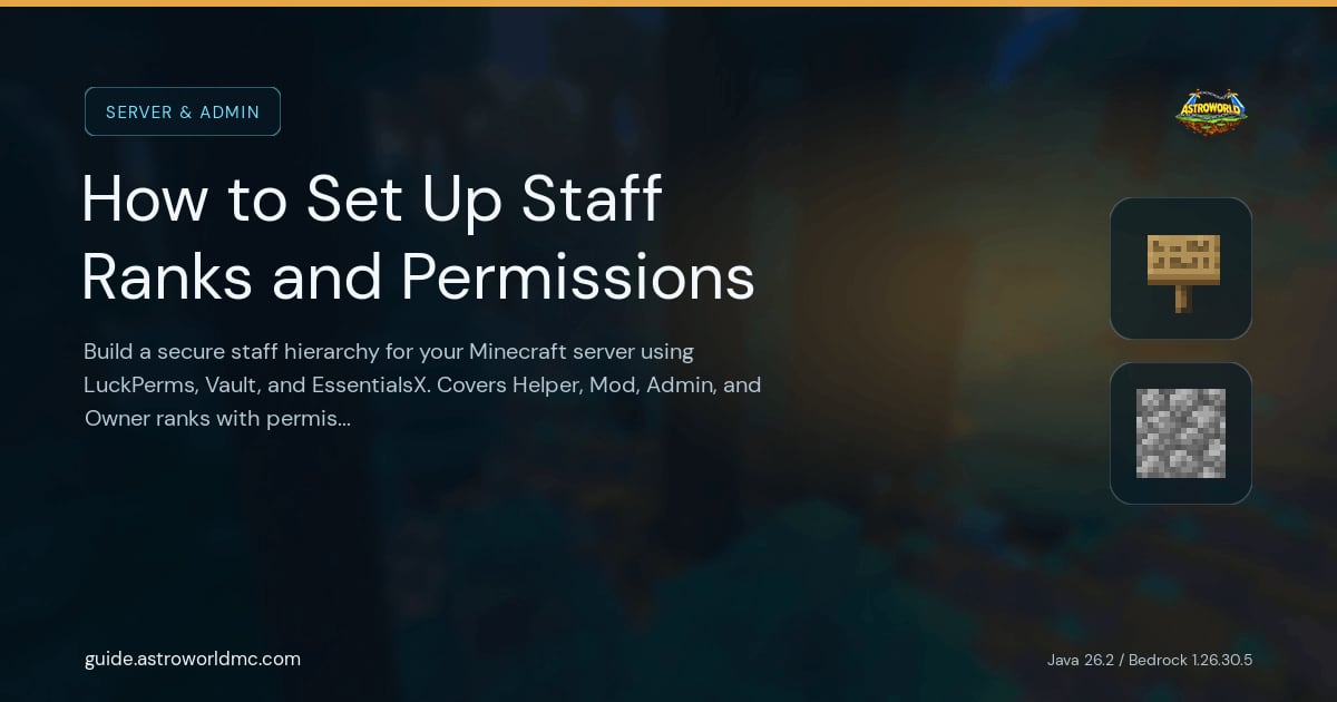 How to Set Up Staff Ranks and Permissions: Build a secure staff hierarchy for your Minecraft server using LuckPerms, Vault, and EssentialsX. Covers Helper, Mod, Admin, and Owner ranks with permission examples.