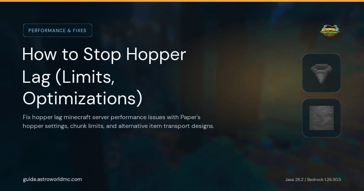 How to Stop Hopper Lag (Limits, Optimizations): Fix hopper lag minecraft server performance issues with Paper's hopper settings, chunk limits, and alternative item transport designs.