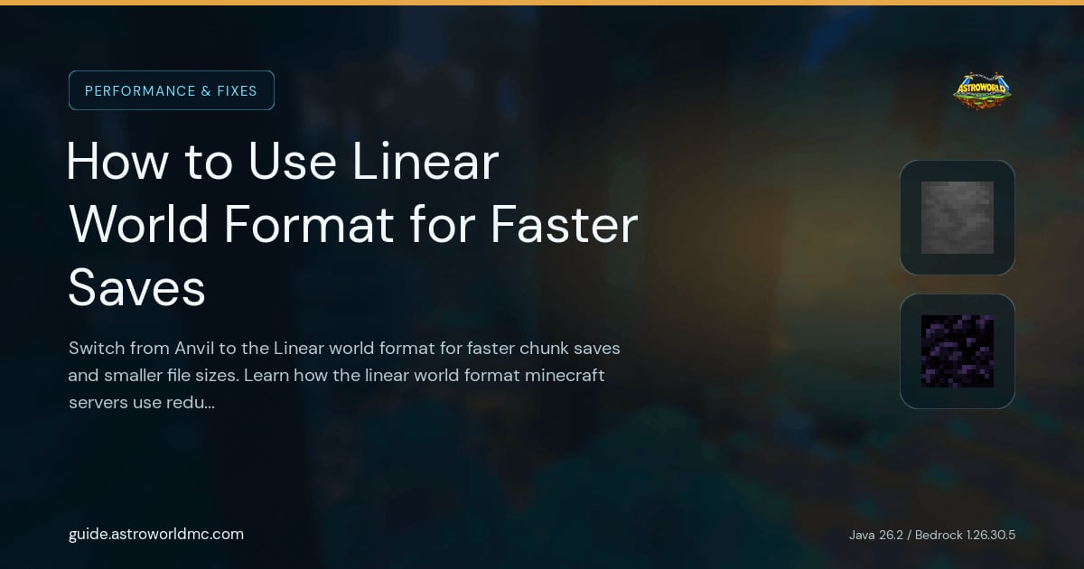 How to Use Linear World Format for Faster Saves: Switch from Anvil to the Linear world format for faster chunk saves and smaller file sizes. Learn how the linear world format minecraft servers use reduces I/O overhead.