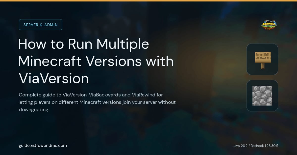 How to Run Multiple Minecraft Versions with ViaVersion: Complete guide to ViaVersion, ViaBackwards and ViaRewind for letting players on different Minecraft versions join your server without downgrading.