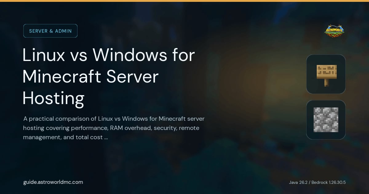 Linux vs Windows for Minecraft Server Hosting: A practical comparison of Linux vs Windows for Minecraft server hosting covering performance, RAM overhead, security, remote management, and total cost of ownership.