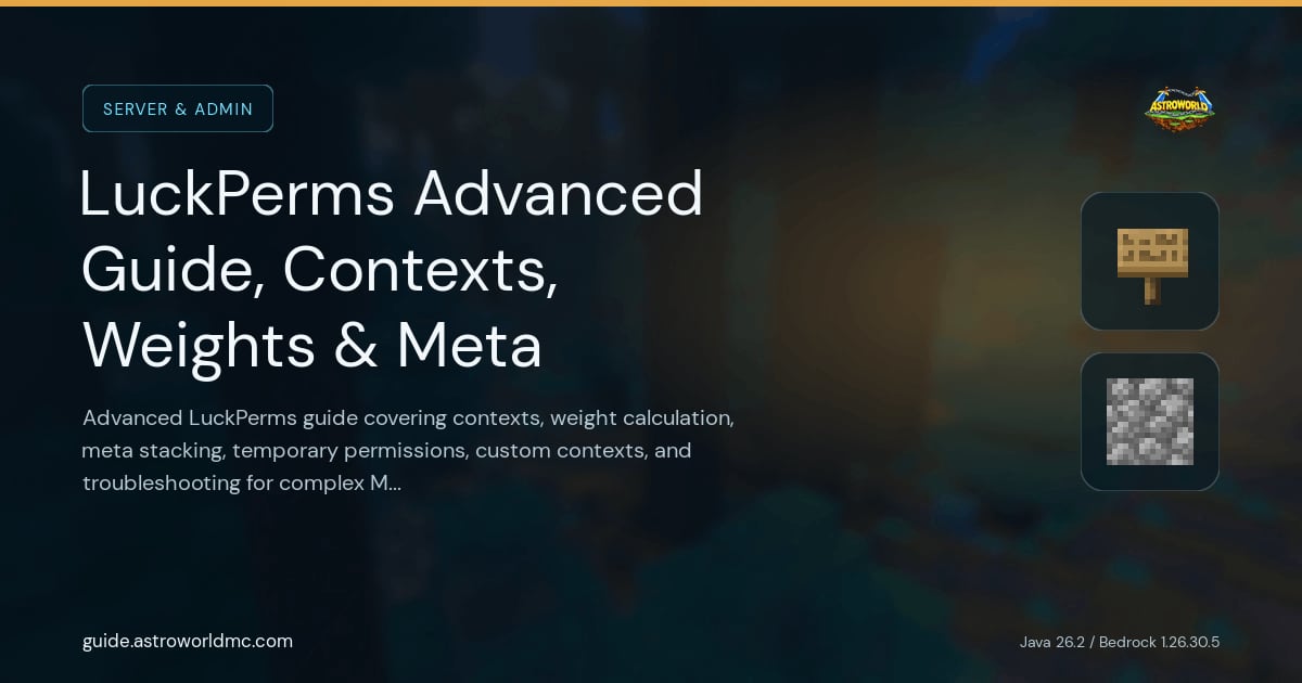 LuckPerms Advanced Guide, Contexts, Weights & Meta: Advanced LuckPerms guide covering contexts, weight calculation, meta stacking, temporary permissions, custom contexts, and troubleshooting for complex Minecraft server permission setups.