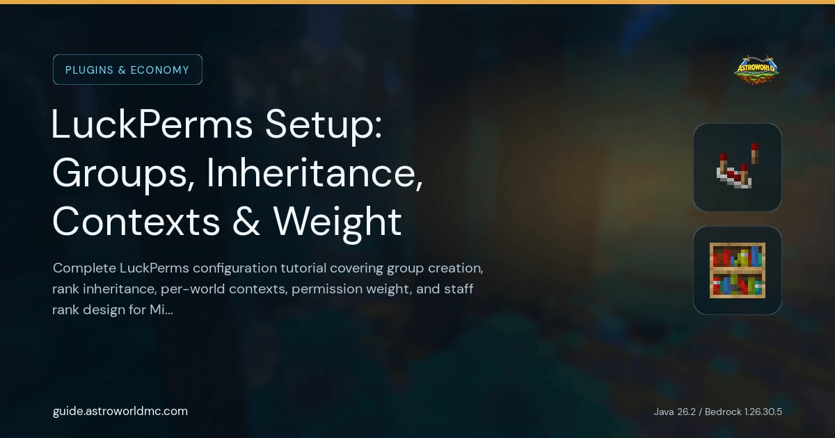 LuckPerms Setup: Groups, Inheritance, Contexts & Weight: Complete LuckPerms configuration tutorial covering group creation, rank inheritance, per-world contexts, permission weight, and staff rank design for Minecraft servers.