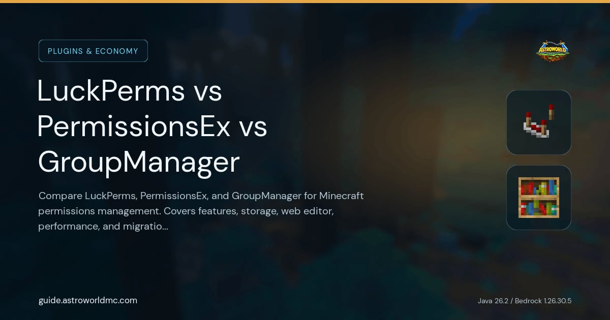 LuckPerms vs PermissionsEx vs GroupManager: Compare LuckPerms, PermissionsEx, and GroupManager for Minecraft permissions management. Covers features, storage, web editor, performance, and migration paths.