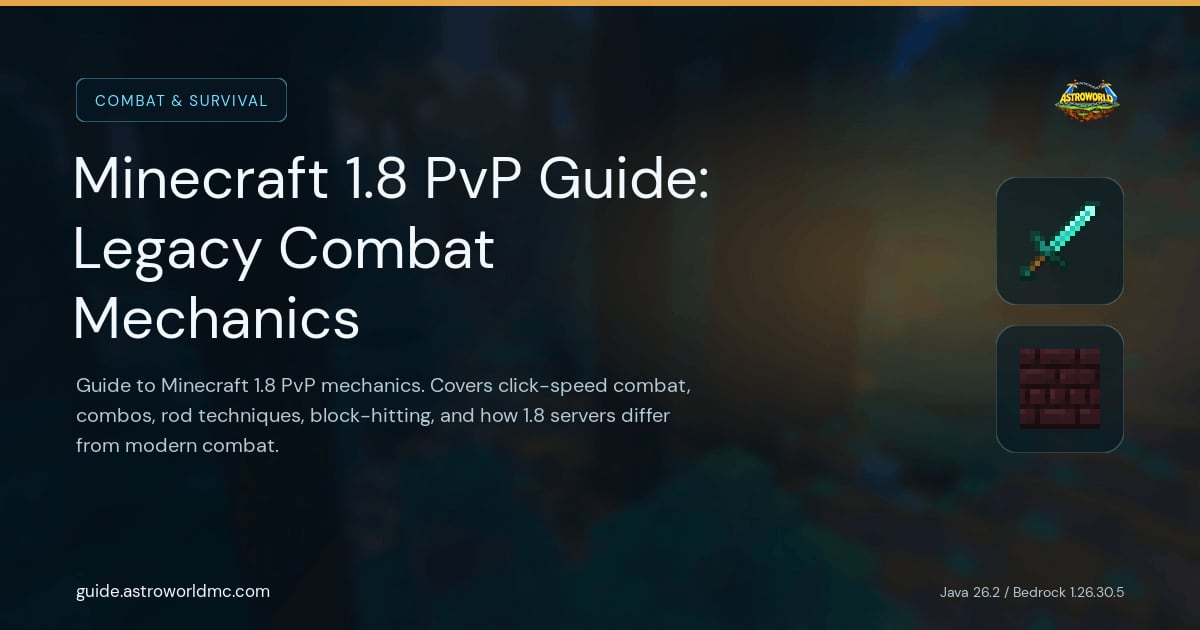 Minecraft 1.8 PvP Guide: Legacy Combat Mechanics: Guide to Minecraft 1.8 PvP mechanics. Covers click-speed combat, combos, rod techniques, block-hitting, and how 1.8 servers differ from modern combat.