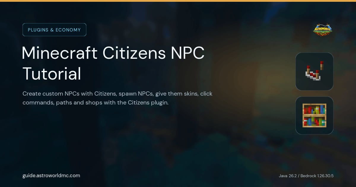 Minecraft Citizens NPC Tutorial: Create custom NPCs with Citizens, spawn NPCs, give them skins, click commands, paths and shops with the Citizens plugin.