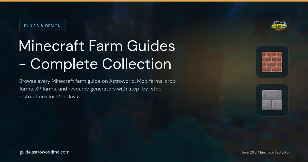 Minecraft Farm Guides - Complete Collection: Browse every Minecraft farm guide on Astroworld. Mob farms, crop farms, XP farms, and resource generators with step-by-step instructions for 1.21+ Java Edition.