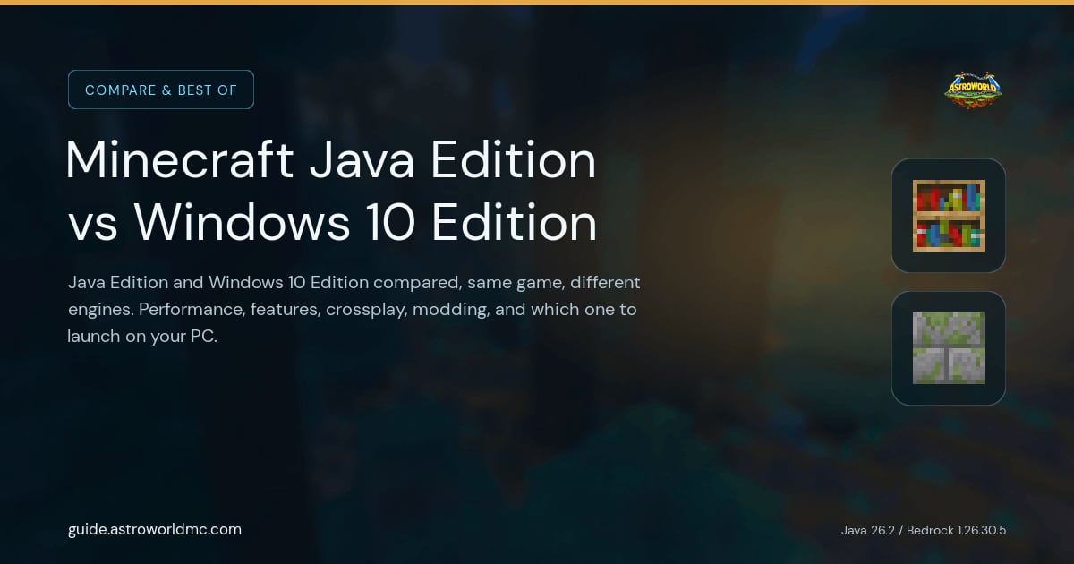 Minecraft Java Edition vs Windows 10 Edition: Java Edition and Windows 10 Edition compared, same game, different engines. Performance, features, crossplay, modding, and which one to launch on your PC.