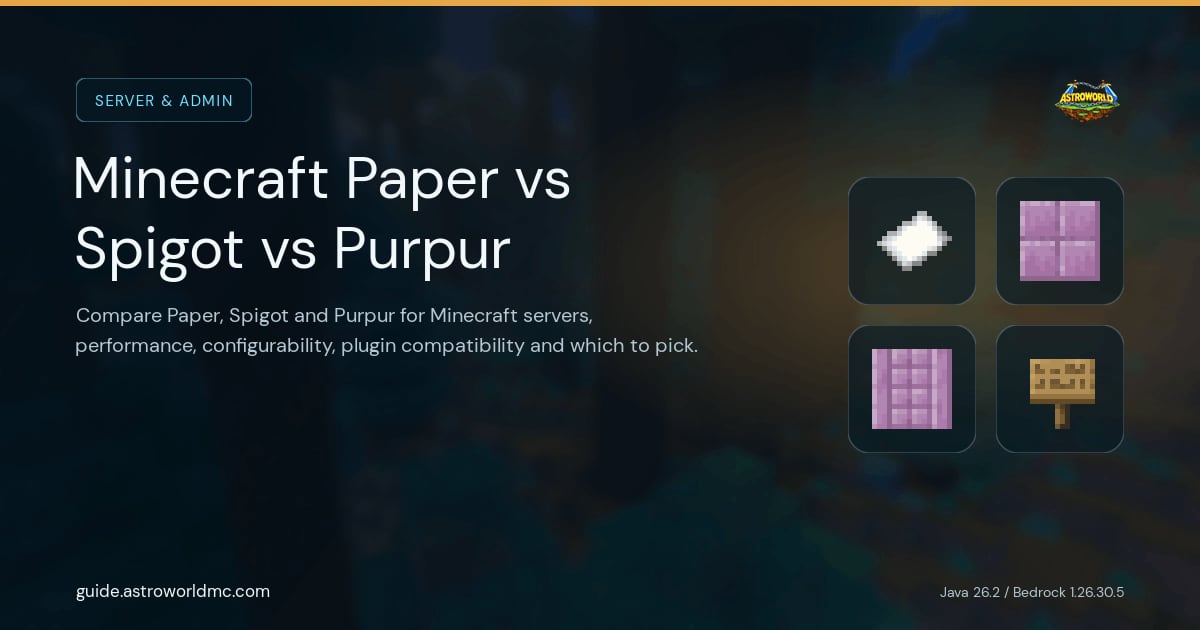 Minecraft Paper vs Spigot vs Purpur: Compare Paper, Spigot and Purpur for Minecraft servers, performance, configurability, plugin compatibility and which to pick.