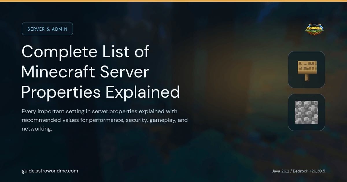 Complete List of Minecraft Server Properties Explained: Every important setting in server.properties explained with recommended values for performance, security, gameplay, and networking.