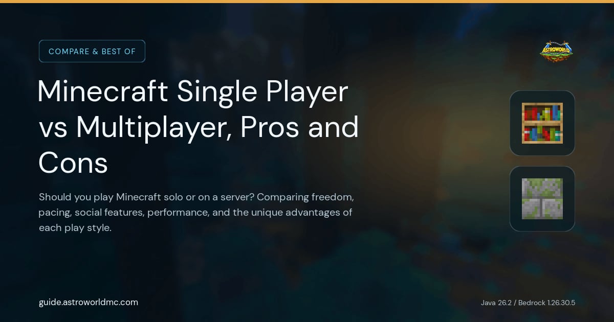 Minecraft Single Player vs Multiplayer, Pros and Cons: Should you play Minecraft solo or on a server? Comparing freedom, pacing, social features, performance, and the unique advantages of each play style.