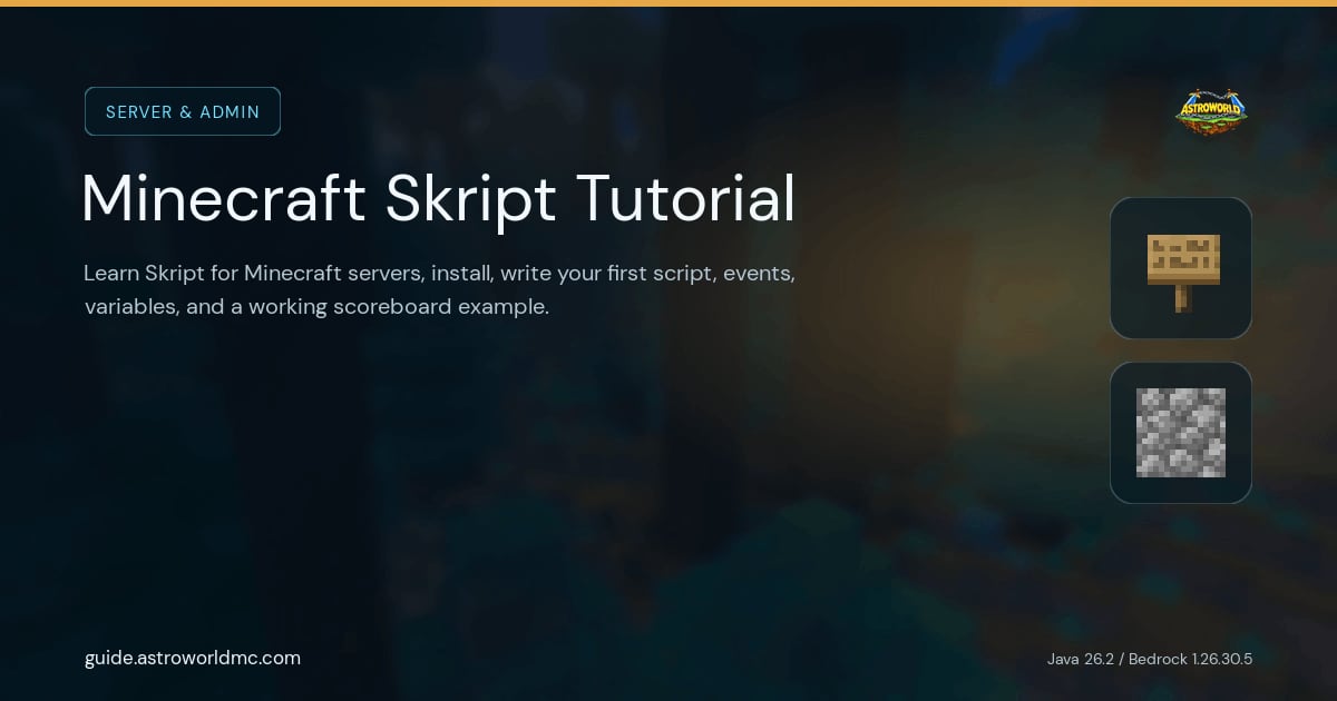 Minecraft Skript Tutorial: Learn Skript for Minecraft servers, install, write your first script, events, variables, and a working scoreboard example.