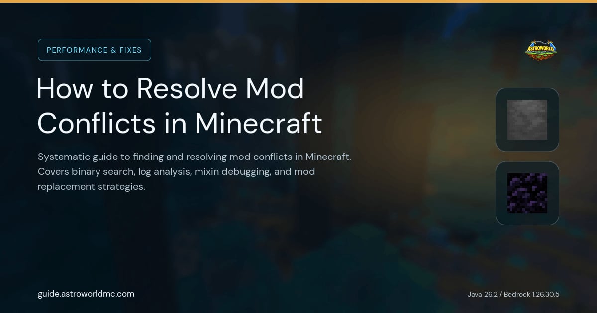 How to Resolve Mod Conflicts in Minecraft: Systematic guide to finding and resolving mod conflicts in Minecraft. Covers binary search, log analysis, mixin debugging, and mod replacement strategies.