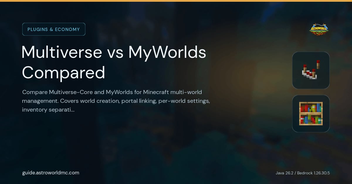 Multiverse vs MyWorlds Compared: Compare Multiverse-Core and MyWorlds for Minecraft multi-world management. Covers world creation, portal linking, per-world settings, inventory separation, and performance.