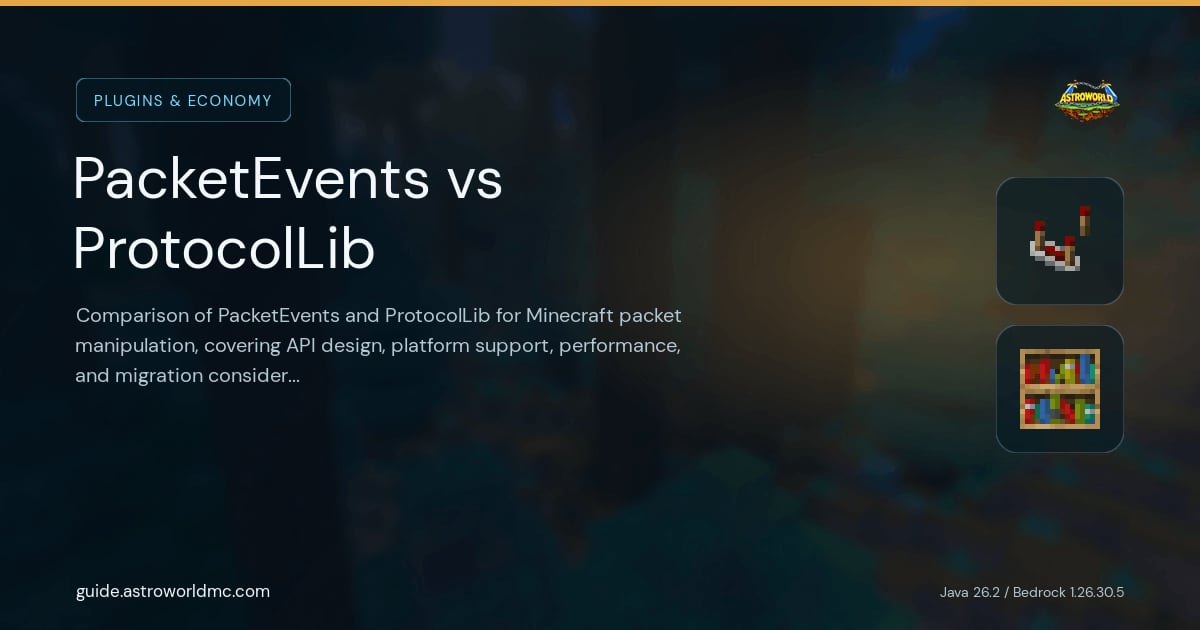 PacketEvents vs ProtocolLib: Comparison of PacketEvents and ProtocolLib for Minecraft packet manipulation, covering API design, platform support, performance, and migration considerations.