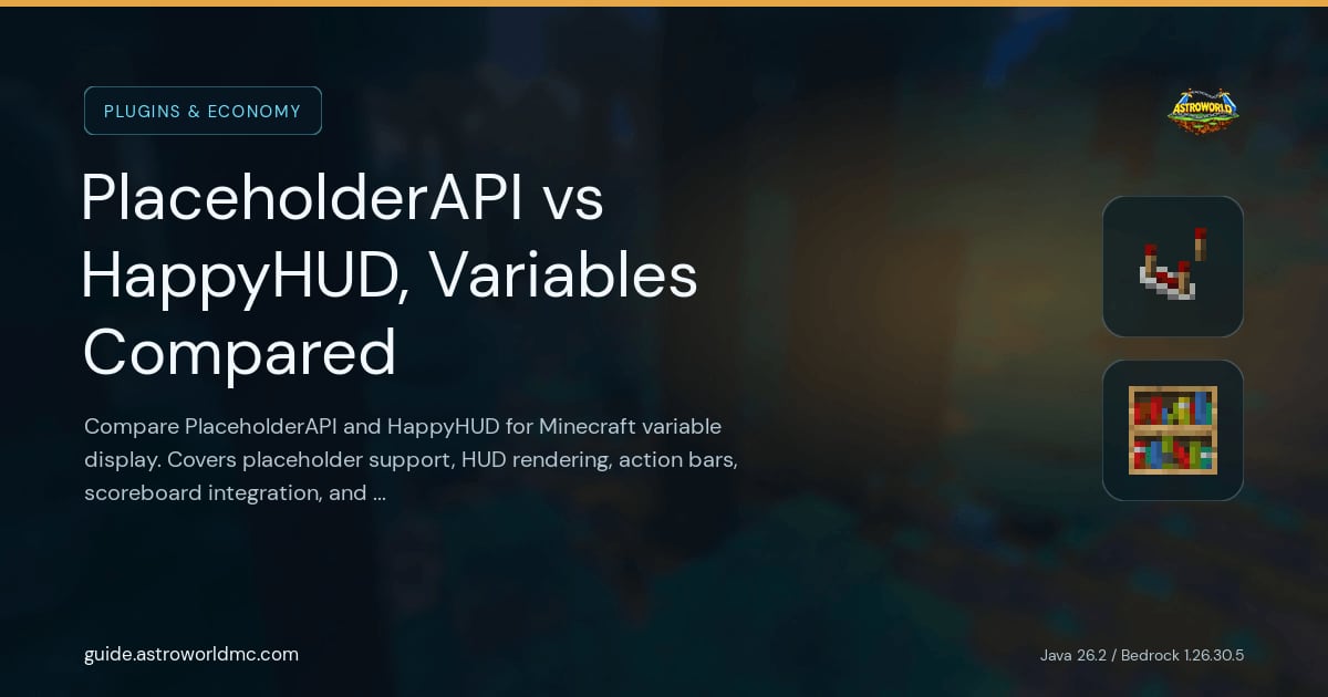PlaceholderAPI vs HappyHUD, Variables Compared: Compare PlaceholderAPI and HappyHUD for Minecraft variable display. Covers placeholder support, HUD rendering, action bars, scoreboard integration, and use cases.