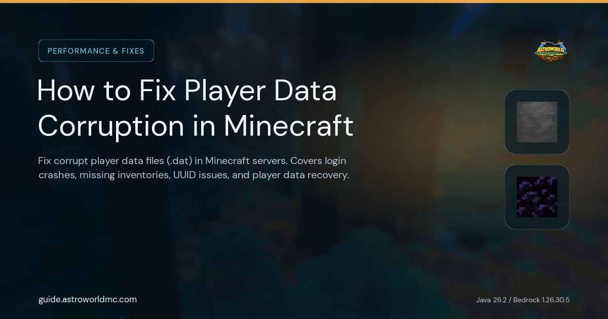 How to Fix Player Data Corruption in Minecraft: Fix corrupt player data files (.dat) in Minecraft servers. Covers login crashes, missing inventories, UUID issues, and player data recovery.
