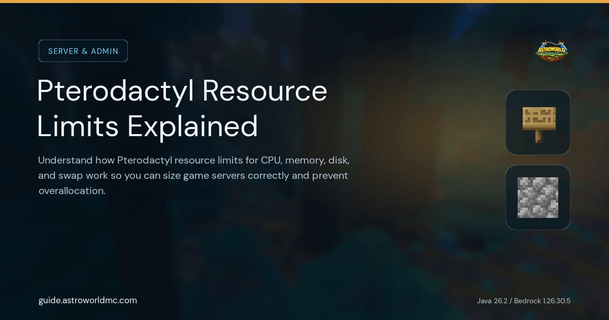 Pterodactyl Resource Limits Explained: Understand how Pterodactyl resource limits for CPU, memory, disk, and swap work so you can size game servers correctly and prevent overallocation.