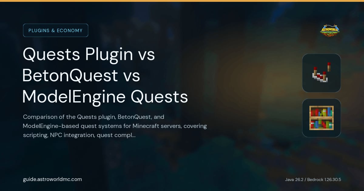 Quests Plugin vs BetonQuest vs ModelEngine Quests: Comparison of the Quests plugin, BetonQuest, and ModelEngine-based quest systems for Minecraft servers, covering scripting, NPC integration, quest complexity, and learning curve.