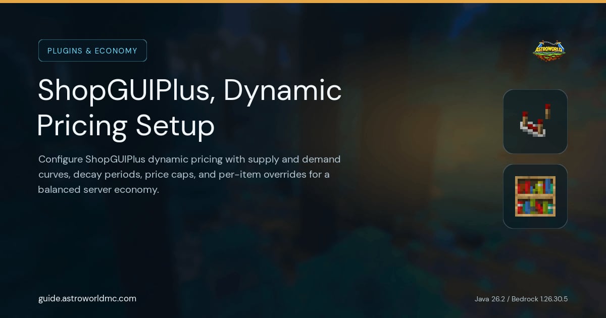 ShopGUIPlus, Dynamic Pricing Setup: Configure ShopGUIPlus dynamic pricing with supply and demand curves, decay periods, price caps, and per-item overrides for a balanced server economy.