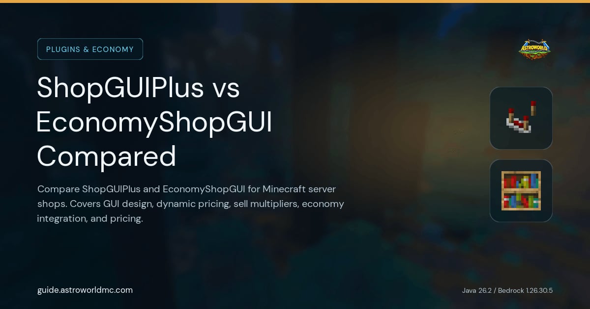 ShopGUIPlus vs EconomyShopGUI Compared: Compare ShopGUIPlus and EconomyShopGUI for Minecraft server shops. Covers GUI design, dynamic pricing, sell multipliers, economy integration, and pricing.