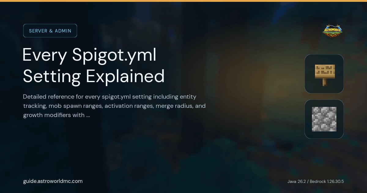 Every Spigot.yml Setting Explained: Detailed reference for every spigot.yml setting including entity tracking, mob spawn ranges, activation ranges, merge radius, and growth modifiers with recommended values.